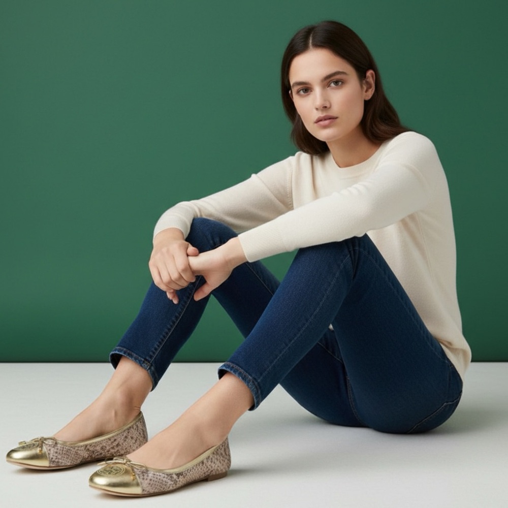 TORY BURCH Verbena Snake Embossed Leather/Gold Patent Ballet Flat Size 8M